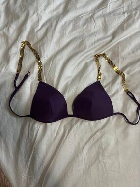 Purple bikini top with sparkly gold mesh straps - XS